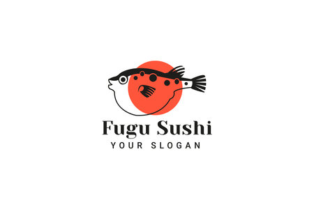 Puffer Fish Logo Japanese Food. Fugu Sushi Logo Template. Blowfish Logo Mascot Concept For Fresh Seafood Iconのイラスト素材