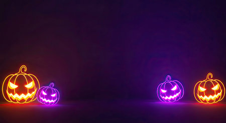Halloween pumpkins on dark background with neon lights. Vector illustrationの写真素材