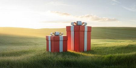 Gift boxes on a green field at sunset. 3d renderの写真素材