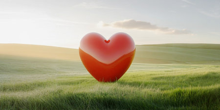 Red heart on a green field at sunset. Valentine's day concept