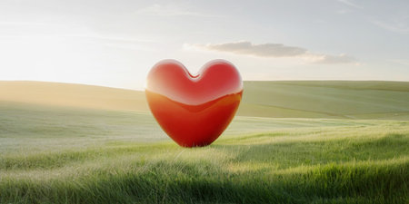 Red heart on green field background. 3d render. Love concept