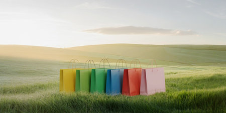 Row of colorful shopping bags on green field at sunset. Copy space