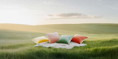 Composite image of colorful pillows against green field under blue sky