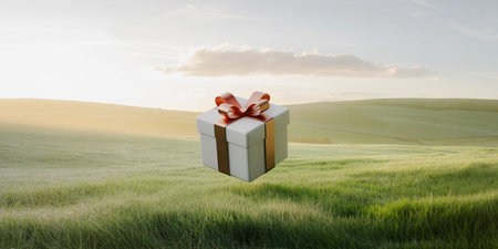 Gift box with red ribbon on green field background. 3d renderingの写真素材