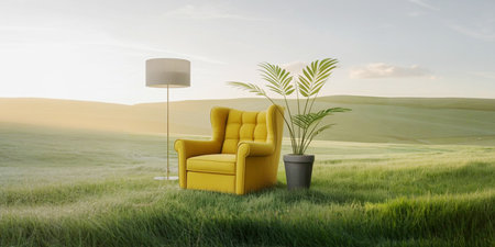 Yellow armchair on green meadow with lamp. 3d render