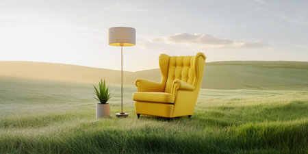 Yellow armchair with floor lamp on green meadow. 3d render