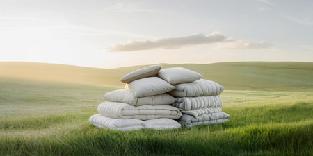 Pile of pillows on a green field at sunset, panoramaの写真素材