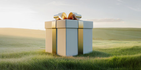 Gift box with golden bow on green meadow background. 3d render