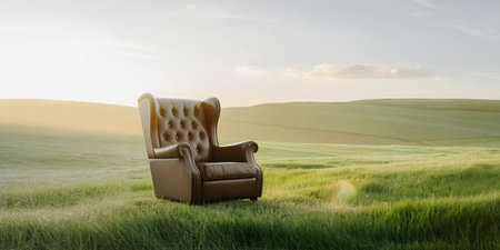 Comfortable armchair on the green field. 3d render.