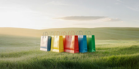 3d rendering of colorful shopping bags on green field with sunset background