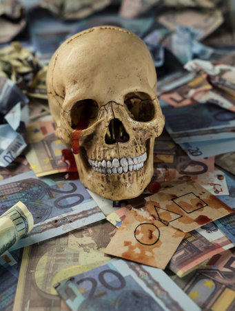human skull on banknotes, blood moneyの写真素材