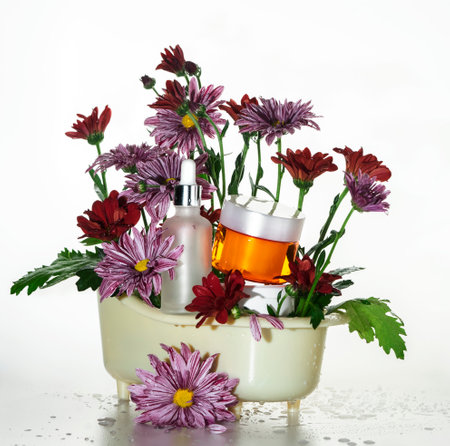 composition for the presentation of cosmetic products for spa, miniature bath and flowersの写真素材