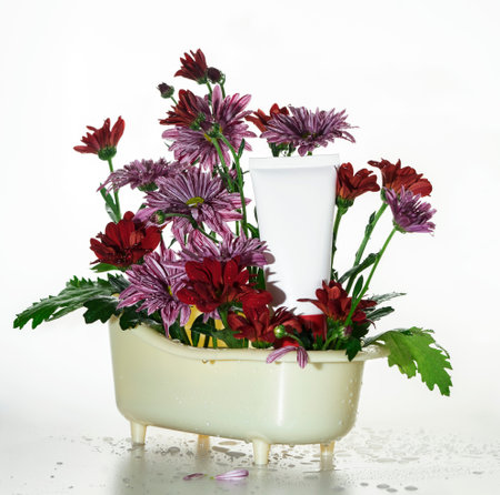 composition for the presentation of cosmetic products for spa, miniature bath and flowersの写真素材