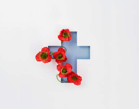 Anzac day. Remembrance day poppy symbol with paper cross. Australia and New Zealand national day of commemoration. Memorial day of the First World Warの写真素材
