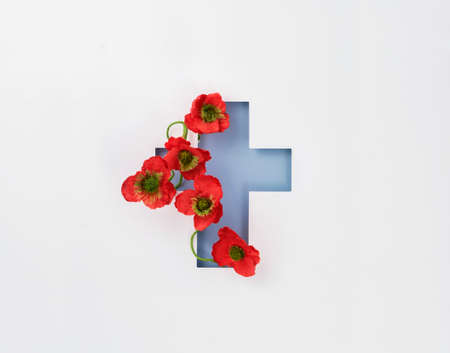 Anzac day. Remembrance day poppy symbol with paper cross. Australia and New Zealand national day of commemoration. Memorial day of the First World Warの素材 [FY310182574338]