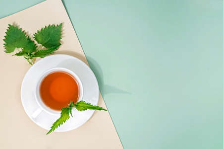 Cup of herbal tea with nettle. Flat lay, top view. Simple natural seasonal spring background with...