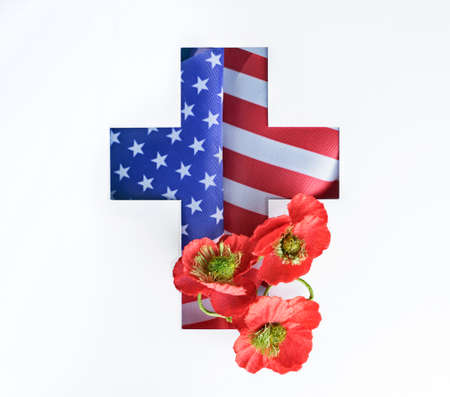 national american holiday Memorial Day concept with cross, usa flag and poppiesの写真素材