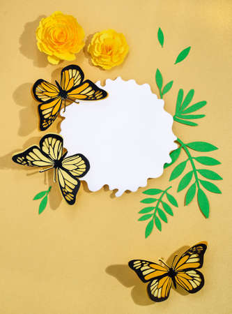 Creative composition of paper craft with summer flowers. Postcard with place for textの写真素材