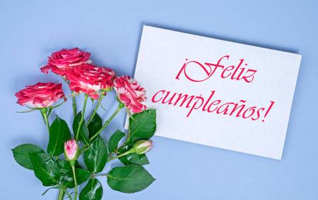 Feliz Cumpleanos means Happy Birthday in Spanish language. Vibrant flat lay with rose flowers on blue color paperの写真素材