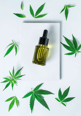 hemp cosmetic oil or serum, treatment for hair and scalp. Medical marijuana CBD oil and green leafの写真素材