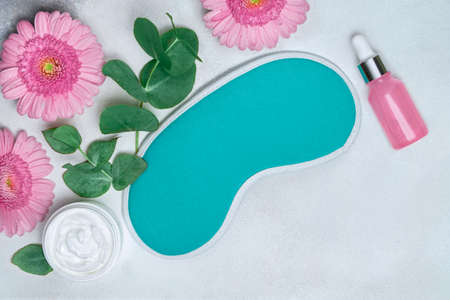 Night face care routine concept. top view sleeping mask, moisturizer cream, serum lotionの写真素材