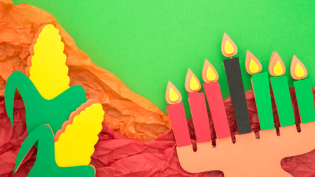 Happy Kwanzaa Greeting Card Background. Candleholder made from paper leaves. Paper art concept, Banner mockupの写真素材