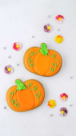 abstract background with gingerbread in the shape of a pumpkin for halloween or  thanksgiven dayの写真素材