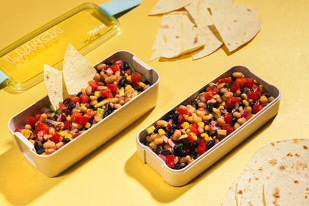 cowboy caviar, texas caviar with black bean, tomatoes, avocado, red bell pepper, corn in lunch boxの写真素材