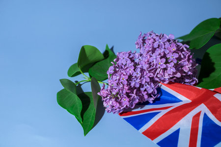 Creative british style background with flowers and united kingdom uk flagの写真素材