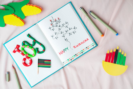 Homemade bullet journal  with kwanzaa calendarの写真素材