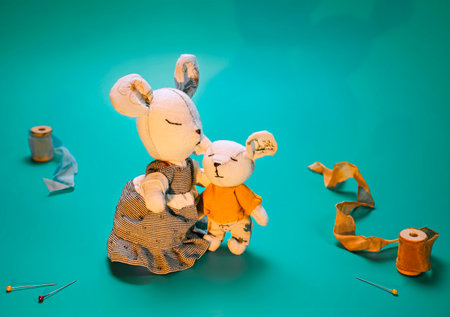 homemade sewn soft toy mouse with the baby