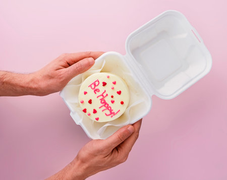 man holds Bento cake with text Be happy in takeout boxの写真素材
