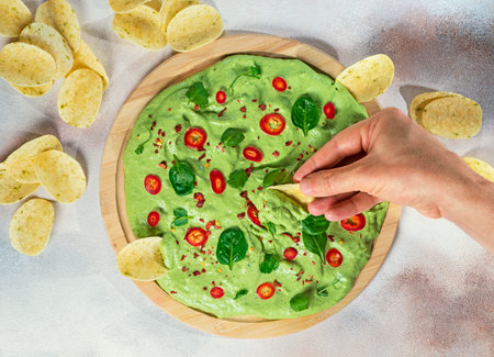 creamy avocado board with chili peppers, herbs and nachos Selective focus with blurred foreground and backgroundの写真素材