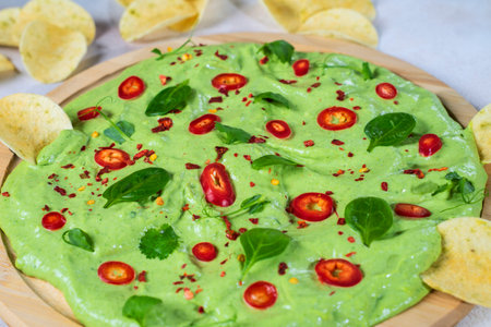creamy avocado board with chili peppers, herbs and nachos Selective focus with blurred foreground and backgroundの写真素材