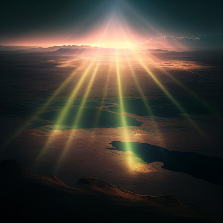 large body of water surrounded by mountains, a matte painting landscape, AI generatedの写真素材