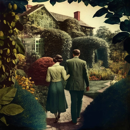 A couple walks hand in hand through the garden, enjoying the beauty, AI generated