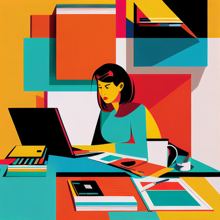 AI generated Illustration of a professional woman working at a home office desk with a laptop and papers scattered aroundの写真素材