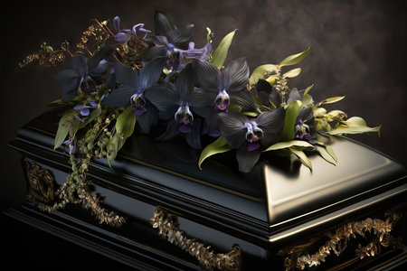 AI generated black orchids lie on the coffinの素材