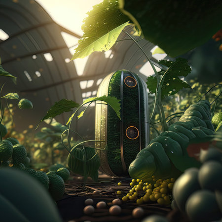 AI GENERATED illustration of greenhouse of the future with computer control, growing up cucumbersの素材