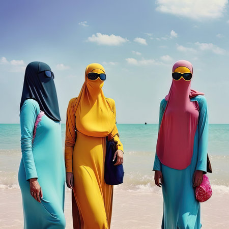 Three muslim women in colorful clothes and sunglasses standing on the beachの素材