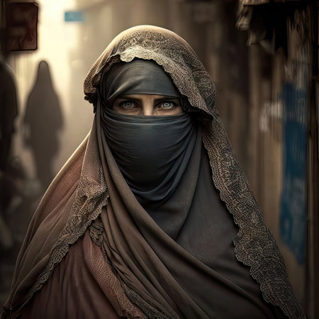 Arabic woman in a veil in the street of the old cityの素材