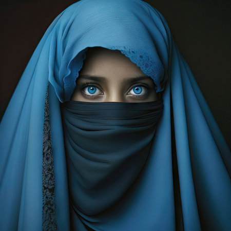 AI generated Portrait of muslim arabic, emirates or egyptian woman with covered face, wears hijabの素材