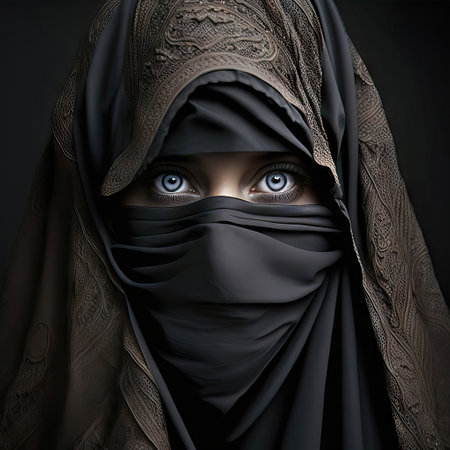 Portrait of a beautiful muslim woman in a black hijab.の素材