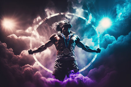 AI generated Dynamic and exciting movements of breaking dancers, illustration of enthusiasm, joy or successful achievement, man jumped above the clouds, mystical light and dawn inの素材