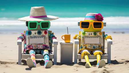 Couple of funny robots sittingchairs at the beach. AI generated cute android robots on a beachの素材