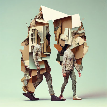 Conceptual image of a man and woman with broken paper housesの素材