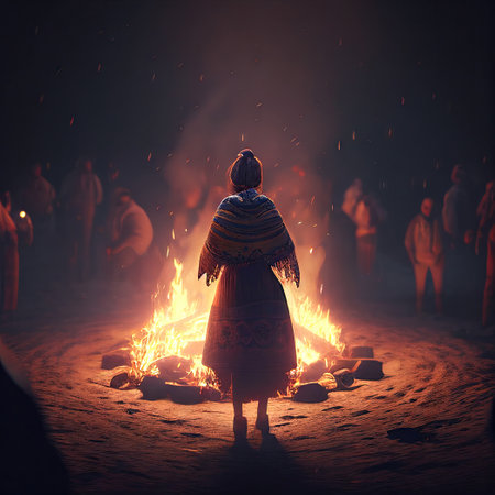 people rest near the fire, pagan holiday in summer or spring, AI generatedの素材