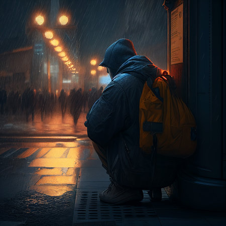 a lonely miserable man sits among a crowded street lit by night lights, AI generatedの素材