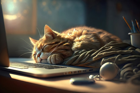 AI generated cat sleeping on the laptopの素材