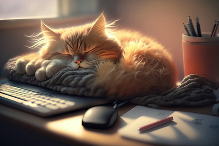 AI generated cat sleeping on the laptopの素材